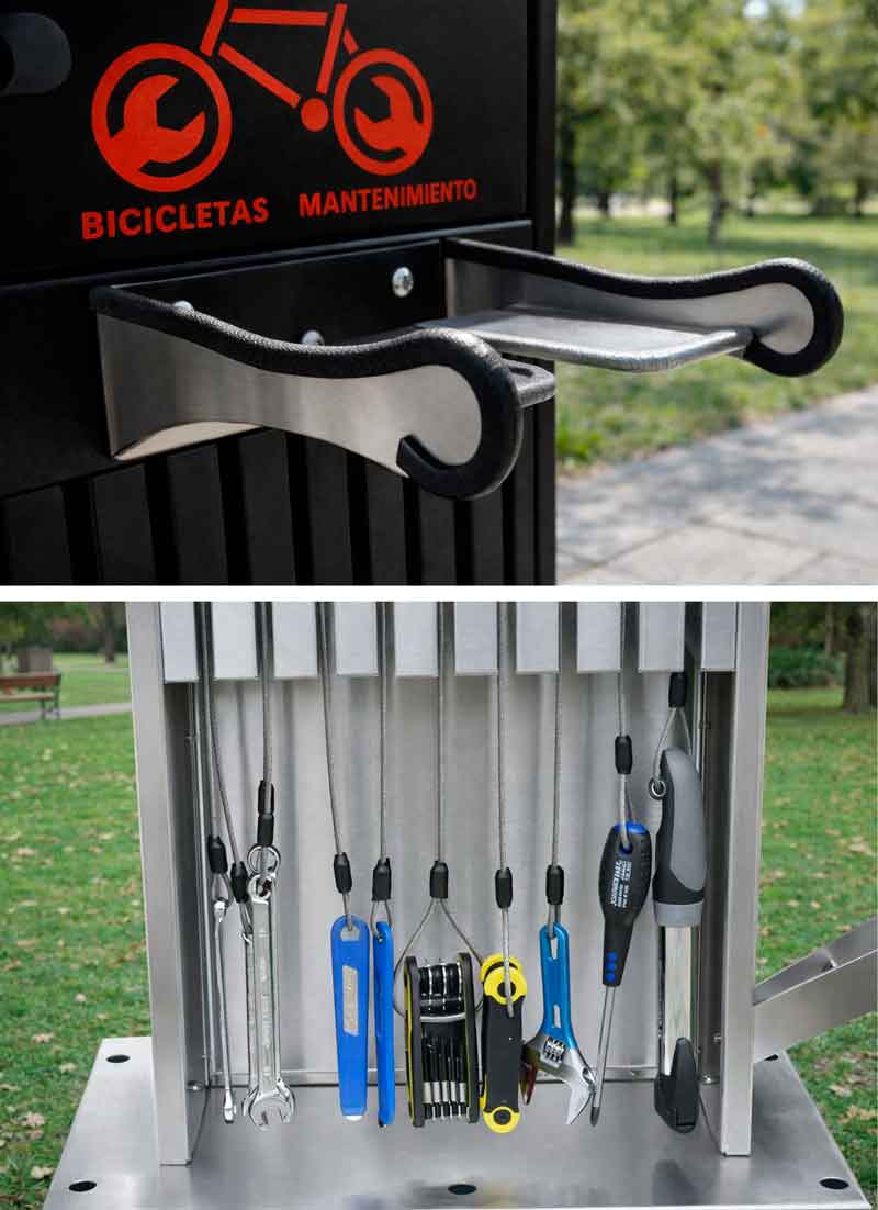 Columna de mantenimiento para bicicletas exterior en acero inoxidable
