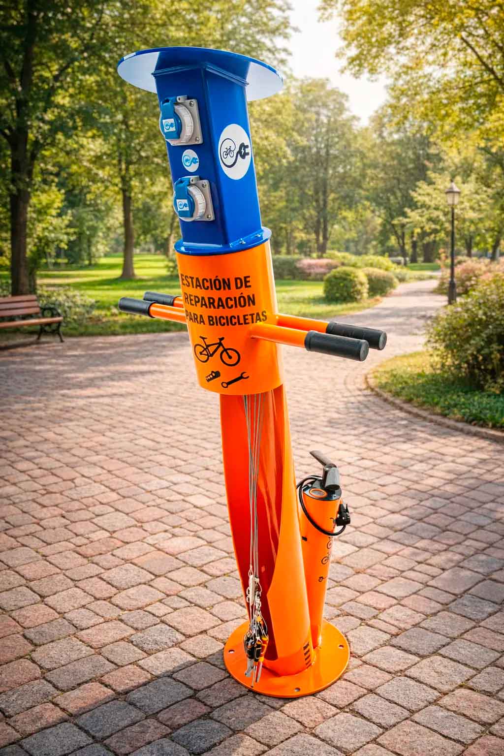 Columna de mantenimiento para bicicletas eléctricas con enchufes