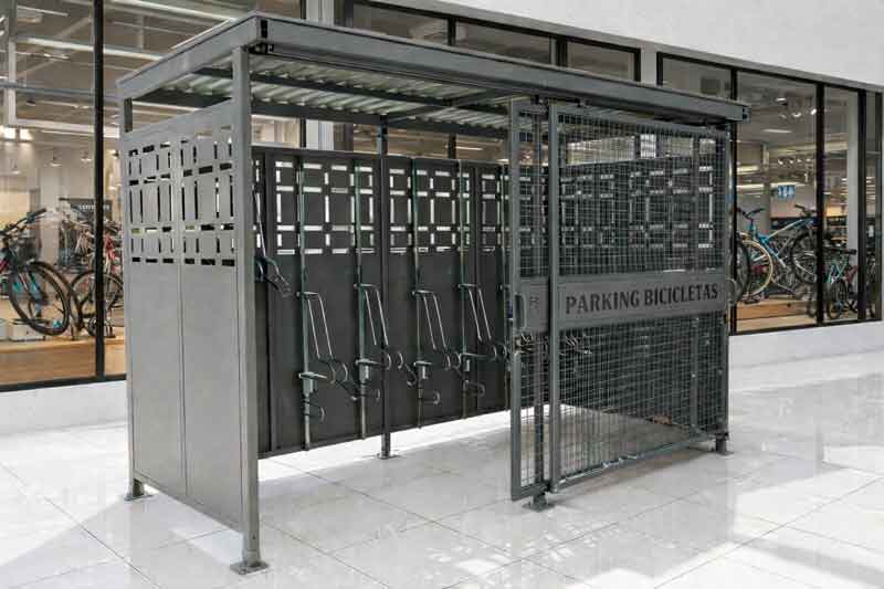 Marquesina tipo hub modular para aparcamiento seguro de bicicletas